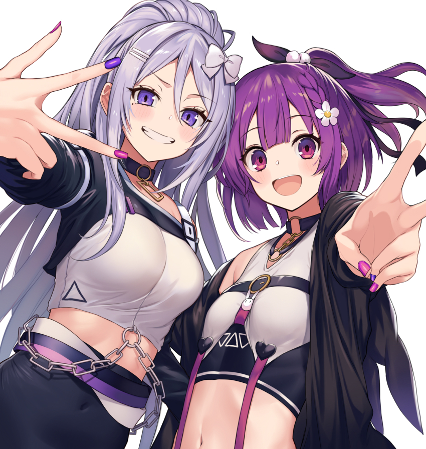 2girls, bad_id, bad_twitter_id, black_choker, blue_eyes, bow, choker, commentary