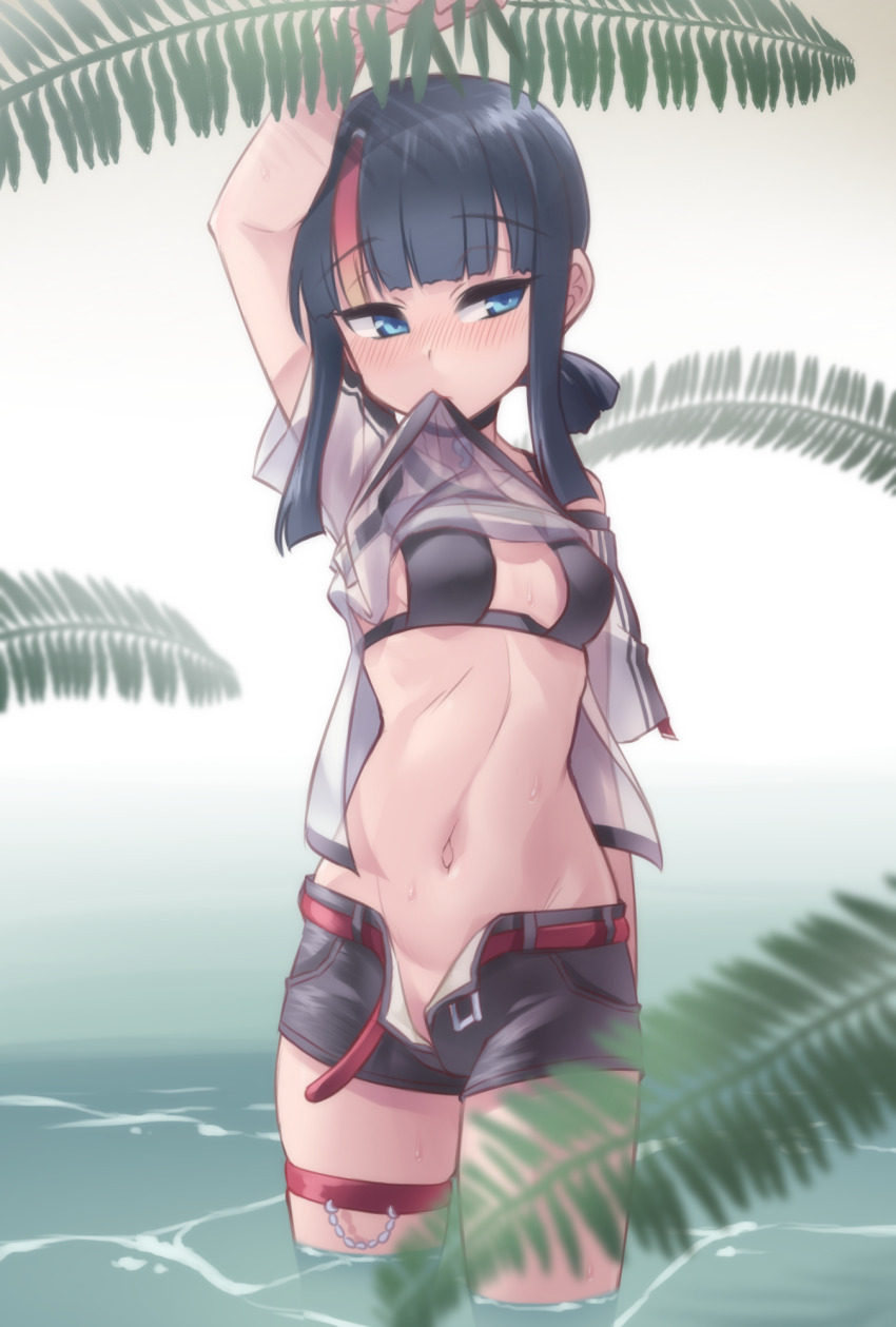 1girl, arm_up, bare_shoulders, bikini, bikini_under_clothes, black_bikini, black_hair, black_shorts