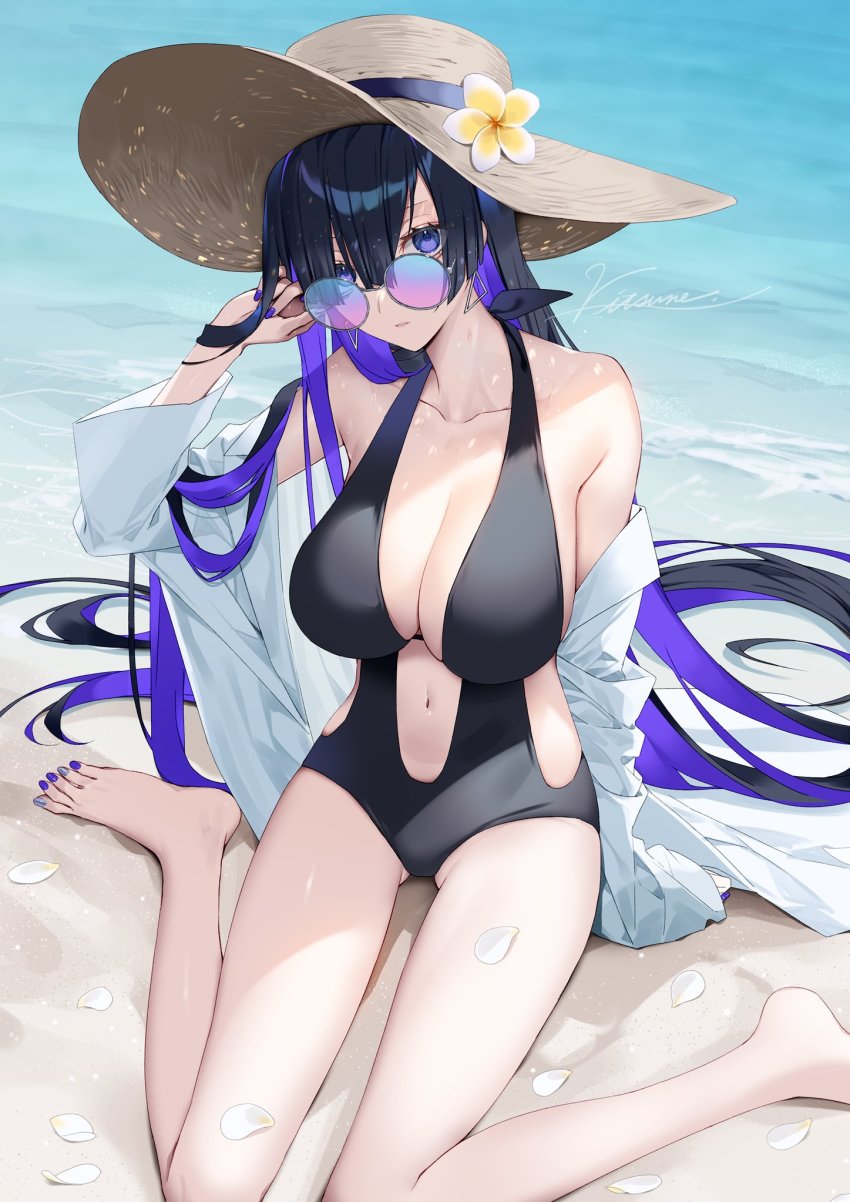 1girl, beach, black_one-piece_swimsuit, breasts, cleavage, closed_mouth, earrings, full_body