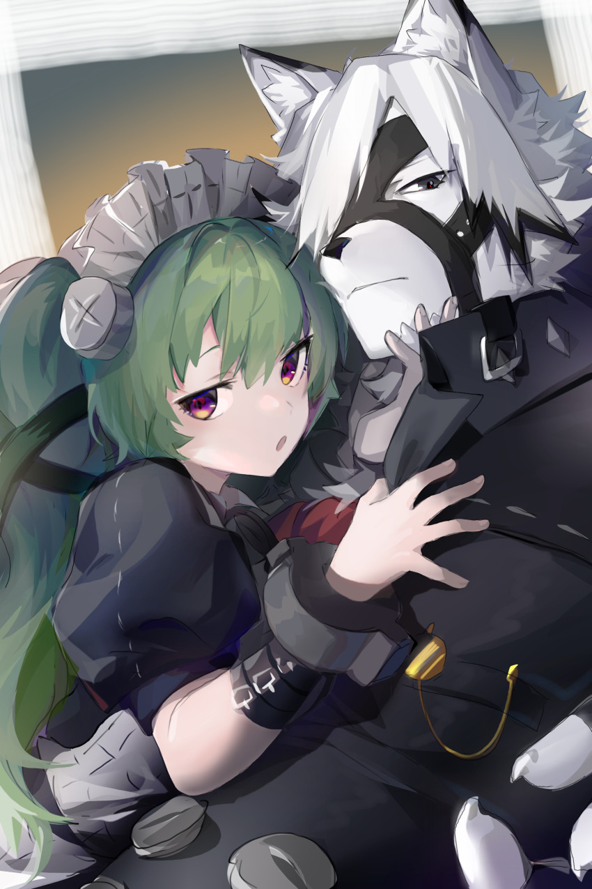 1boy, 1girl, absurdres, animal_ears, apron, black_eyes, corin_wickes, furry, furry_male, green_hair, highres, long_hair, looking_at_viewer, maid_apron, maid_headdress, purple_eyes, shabi96522, twintails, von_lycaon, white_fur, white_hair, wolf_boy, wolf_ears, zenless_zone_zero