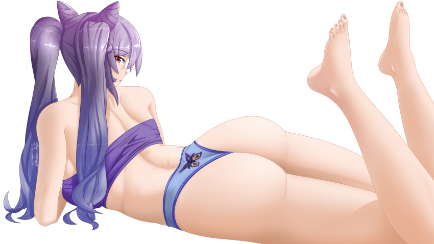 absurdres, ass, back, bare_shoulders, barefoot, blue_hair, genshin_impact, gradient_hair, highres, keqing_(genshin_impact), long_hair, looking_at_viewer, looking_back, lying, multicolored_hair, on_stomach, panties, pink_eyes, purple_hair, takie_arts, thick_thighs, thighs, twintails, underwear, white_background
