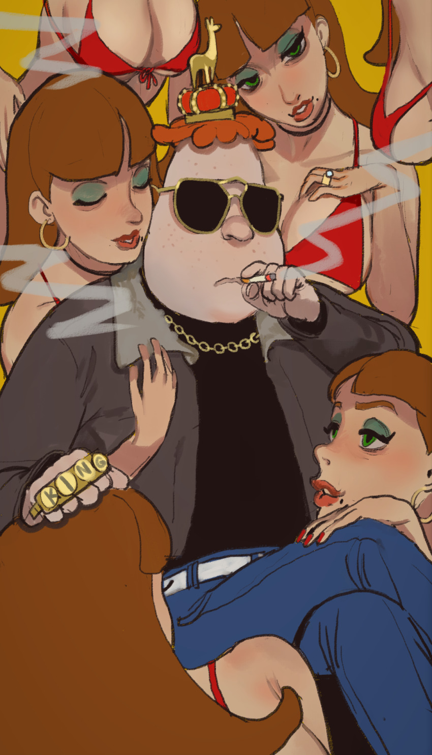 1boy, 6+girls, age_difference, bikini, blunt_bangs, breasts, brown_hair, carl_wheezer, chain, cigarette, cleavage, clone, commentary, crossed_legs, crown, denim, earrings, english_commentary, english_text, eyeshadow, fat, fat_man, feet_out_of_frame, freckles, front-tie_bikini_top, front-tie_top, gold_chain, green_eyes, green_eyeshadow, hand_on_own_chest, harem, hetero, highres, jeans, jewelry, jimmy_neutron_(series), judith_neutron, judy_neutron, large_breasts, lips, llama, long_hair, looking_at_another, makeup, mature_female, mole, mole_under_mouth, mossacannibalis, multiple_girls, orange_background, pants, parted_bangs, parted_lips, pimp, ring, simple_background, smoke, smoking, sunglasses, swimsuit, yellow_background
