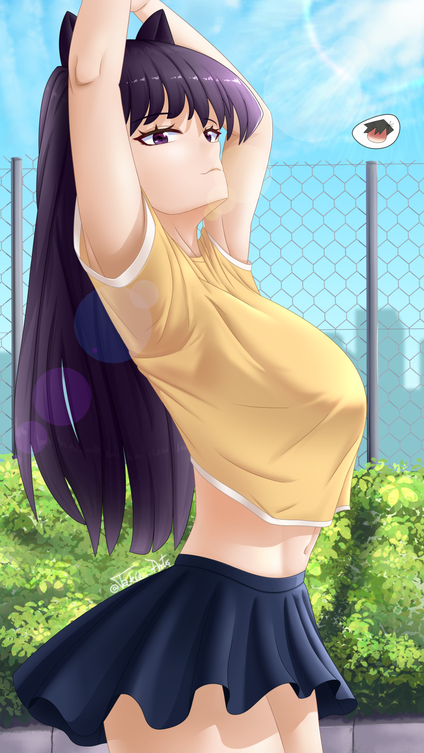 1girl, absurdres, animal_ears, arms_up, black_hair, blue_sky, blush, breasts
