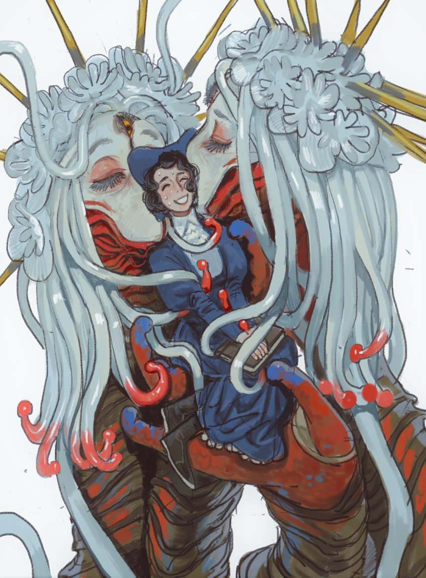 3girls, black_footwear, black_hair, blue_dress, book, boots, cthulhu_mythos, dress, closed_eyes, giant, giantess, great_race_of_yith, highres, holding, holding_book, in_palm, mossacannibalis, multiple_girls, simple_background, size_difference, smile, sweat, tentacles, white_background, yuri