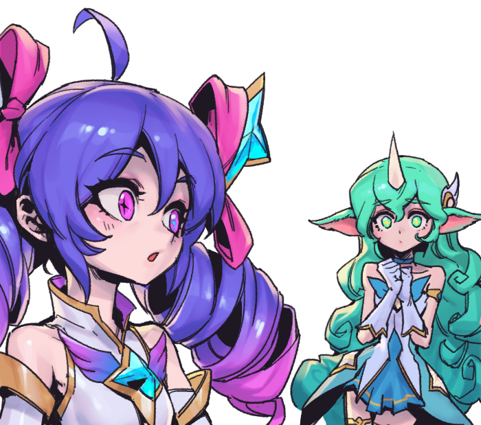 2girls, :o, bare_shoulders, bow, bowtie, collarbone, gloves, green_bow, green_bowtie, green_eyes, green_hair, grey_gloves, gwen_(league_of_legends), hair_bow, hands_up, heterochromia, horns, league_of_legends, legends_of_runeterra, long_hair, looking_at_another, multicolored_hair, multiple_girls, official_alternate_costume, own_hands_together, phantom_cross, pink_bow, pink_eyes, pink_hair, pointy_ears, shirt, single_horn, soraka_(league_of_legends), star_guardian_(league_of_legends), star_guardian_gwen, star_guardian_soraka, thighhighs, two-tone_hair, white_shirt, zettai_ryouiki