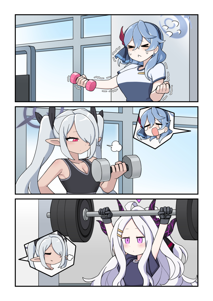 3girls, absurdres, ako_(blue_archive), blue_archive, comic, dark_skin, exercising, fitness_gym, highres, hina_(blue_archive), iori_(blue_archive), multiple_girls, nagam, weightlifting