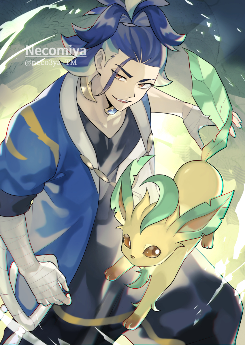 1boy, adaman_(pokemon), arm_wrap, artist_name, blue_coat, blue_hair, brown_eyes, coat