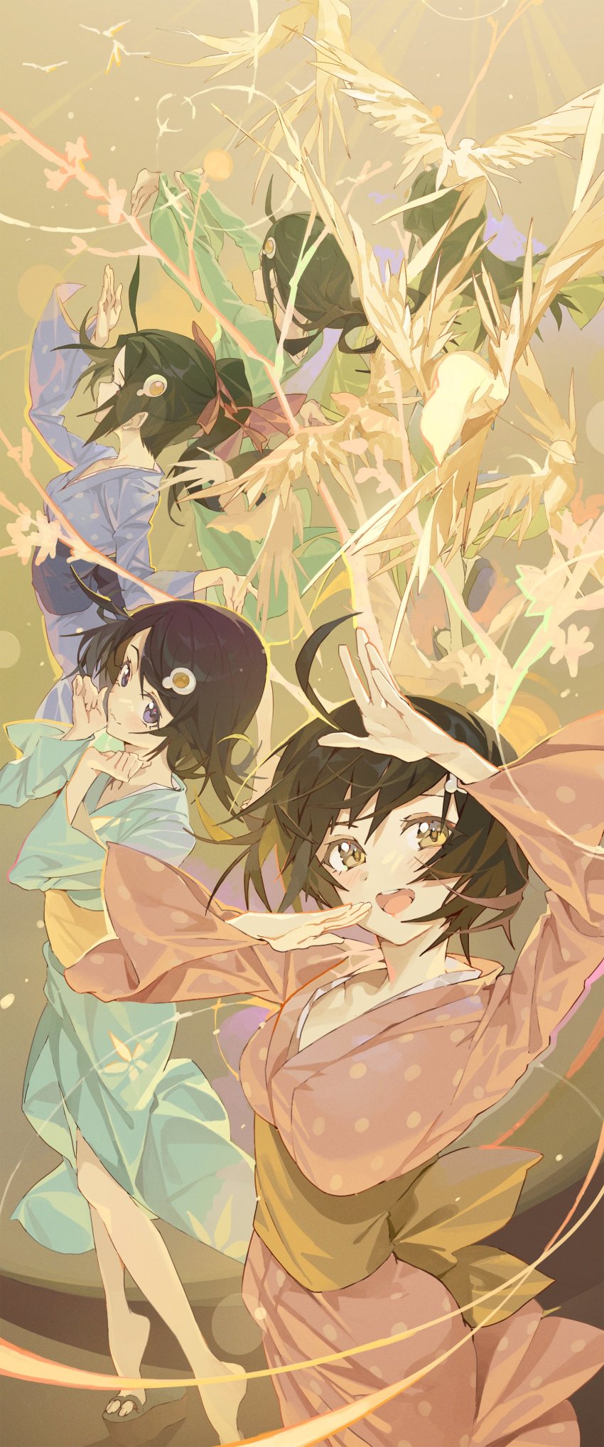 1girl, :3, absurdres, ahoge, alternate_costume, alternate_hairstyle, aqua_kimono, araragi_tsukihi