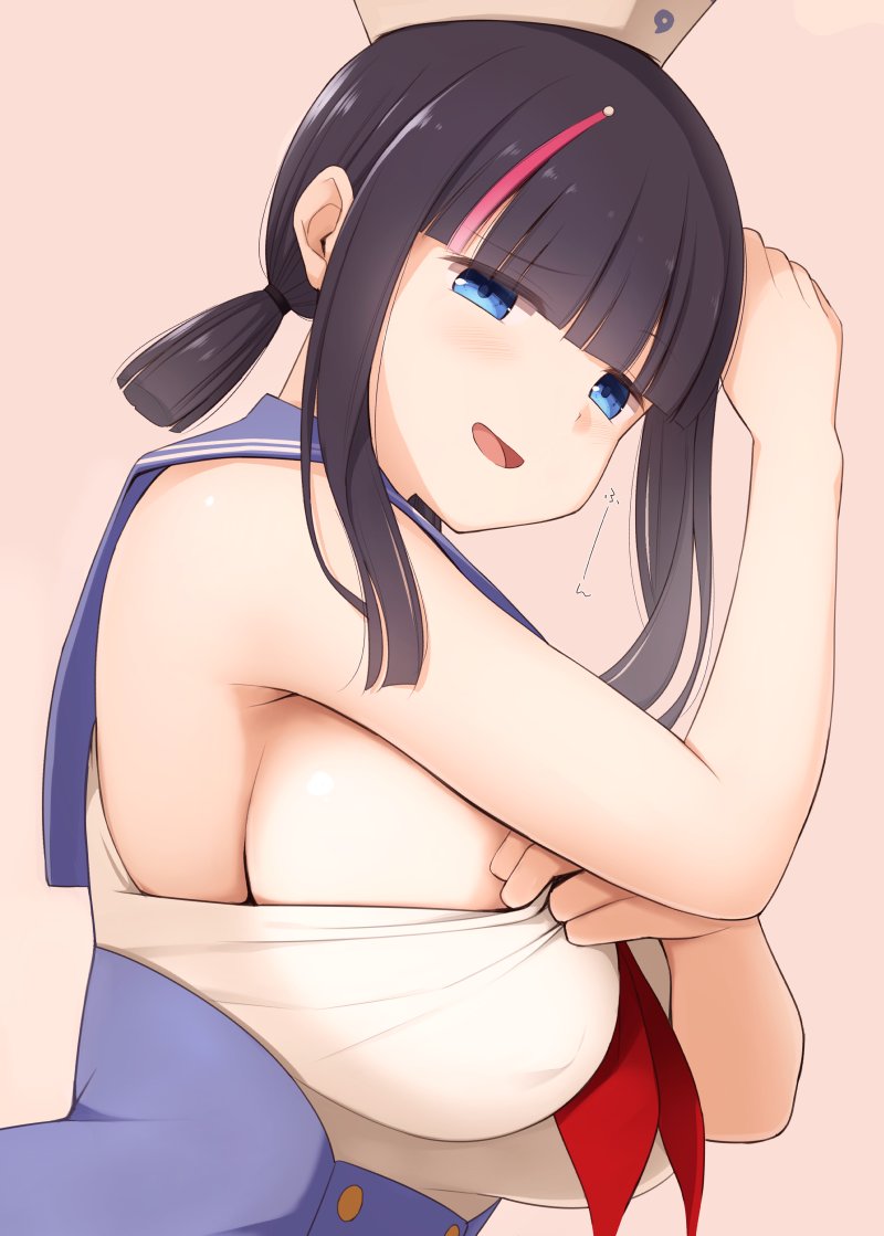 1girl, bare_shoulders, black_hair, blue_eyes, blue_sailor_collar, blue_skirt, blush, braid