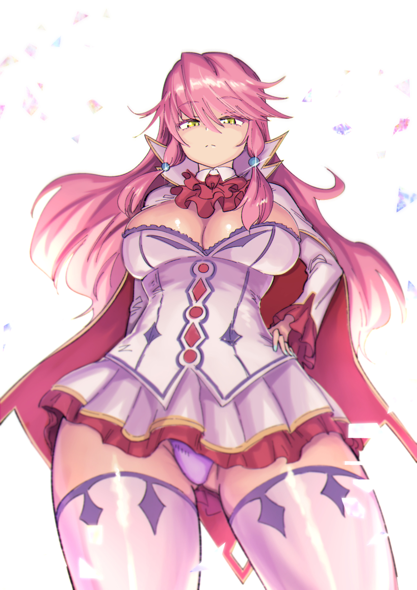 1girl, ahoge, ascot, boots, bow, breasts, cape, cleavage, flare_arlgrande_jioral, green_eyes, haga_souken, hair_bow, highres, holding, holding_staff, kaifuku_jutsushi_no_yarinaoshi_~sokushi_mahou_to_skill_copy_no_chouetsu_heal~, lace-up_boots, large_breasts, long_hair, long_sleeves, looking_at_viewer, miniskirt, parted_lips, pink_hair, pleated_skirt, red_ascot, red_cape, shirt, skirt, skirt_set, solo, staff, thighhighs, thighhighs_under_boots, two-sided_cape, two-sided_fabric, white_boots, white_cape, white_shirt, white_skirt, white_thighhighs