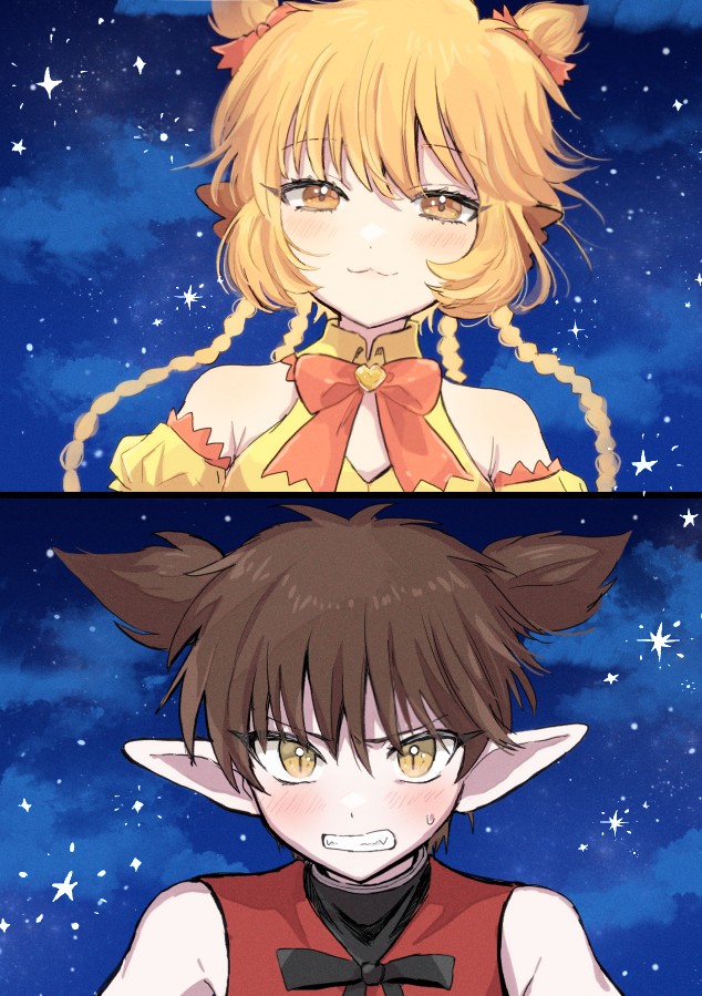 1boy, 1girl, :3, animal_ears, blonde_hair, blush, braid, brown_hair