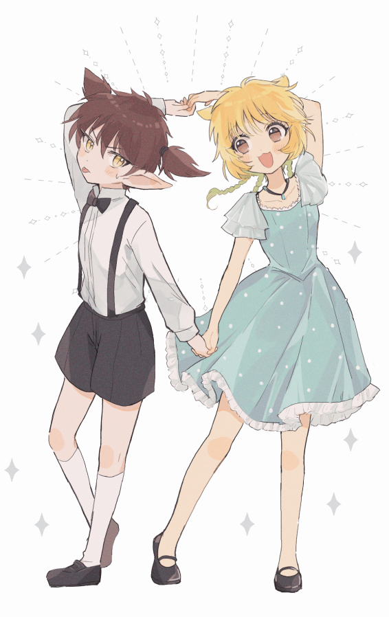 1boy, 1girl, black_footwear, blonde_hair, blue_dress, bow, bowtie, braid