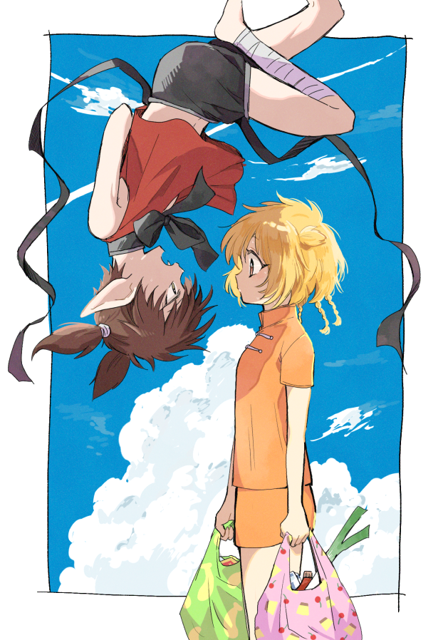 1boy, 1girl, arms_behind_back, bag, black_bow, black_ribbon, black_shorts, blonde_hair