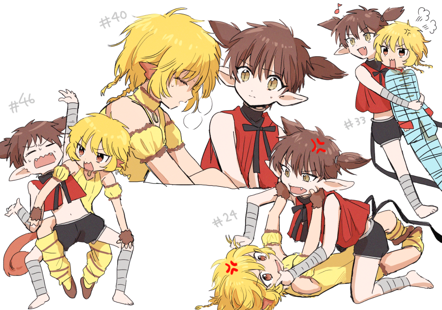 1boy, 1girl, anger_vein, animal_ears, barefoot, black_bow, black_ribbon, black_shorts