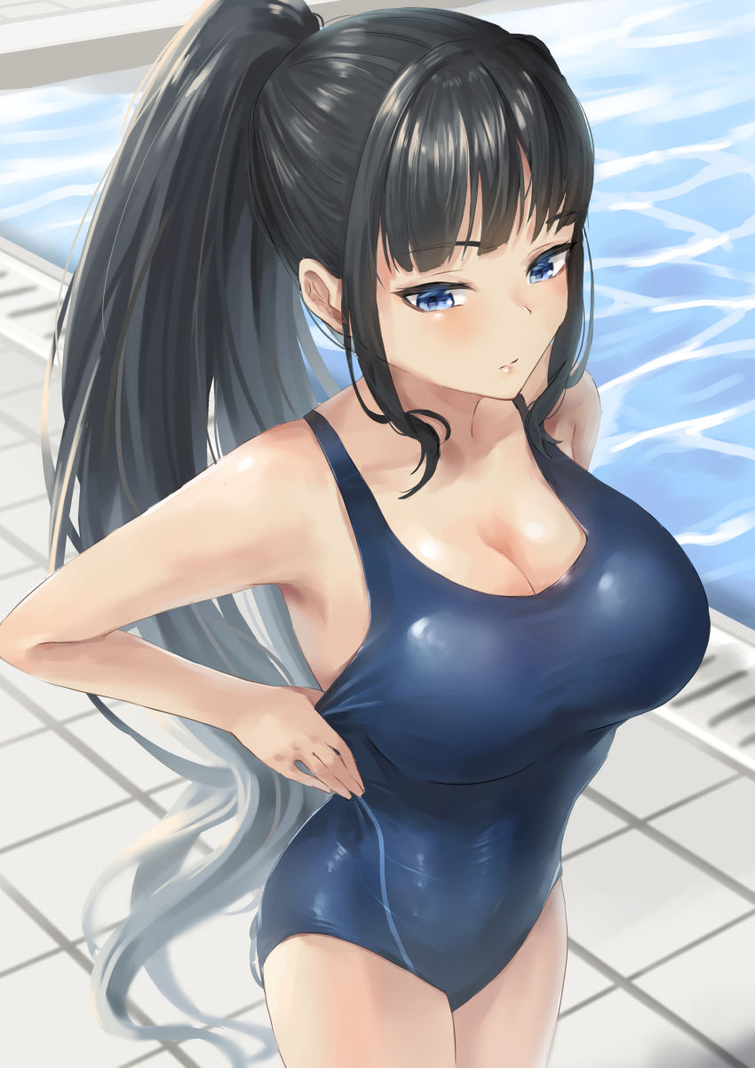 1girl, absurdres, black_hair, blue_eyes, blue_one-piece_swimsuit, breasts, cleavage, competition_swimsuit