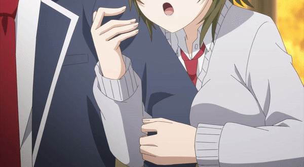 1boy, 1girl, animated, animated_gif, anime_screenshot, arm_between_breasts, between_breasts, blue_jacket
