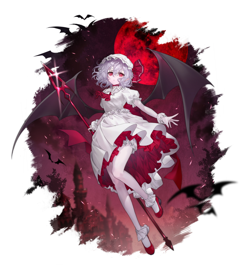 1girl, absurdres, ascot, bat_(animal), bat_wings, bloomers, chinese_commentary, closed_mouth, collared_shirt, commentary_request, expressionless, fingernails, floating_hair, frilled_shirt, frilled_shirt_collar, frilled_sleeves, frills, full_body, full_moon, hair_between_eyes, hat, hat_ribbon, high_heels, highres, holding, holding_polearm, holding_weapon, kaomishu, layered_skirt, light_purple_hair, looking_at_viewer, mob_cap, moon, nail_polish, pointy_ears, polearm, puffy_short_sleeves, puffy_sleeves, red_ascot, red_eyes, red_footwear, red_moon, red_nails, red_ribbon, red_skirt, remilia_scarlet, ribbon, shirt, short_hair, short_sleeves, skirt, socks, solo, spear_the_gungnir, touhou, underwear, weapon, white_bloomers, white_hat, white_shirt, white_skirt, white_socks, wings, wrist_cuffs