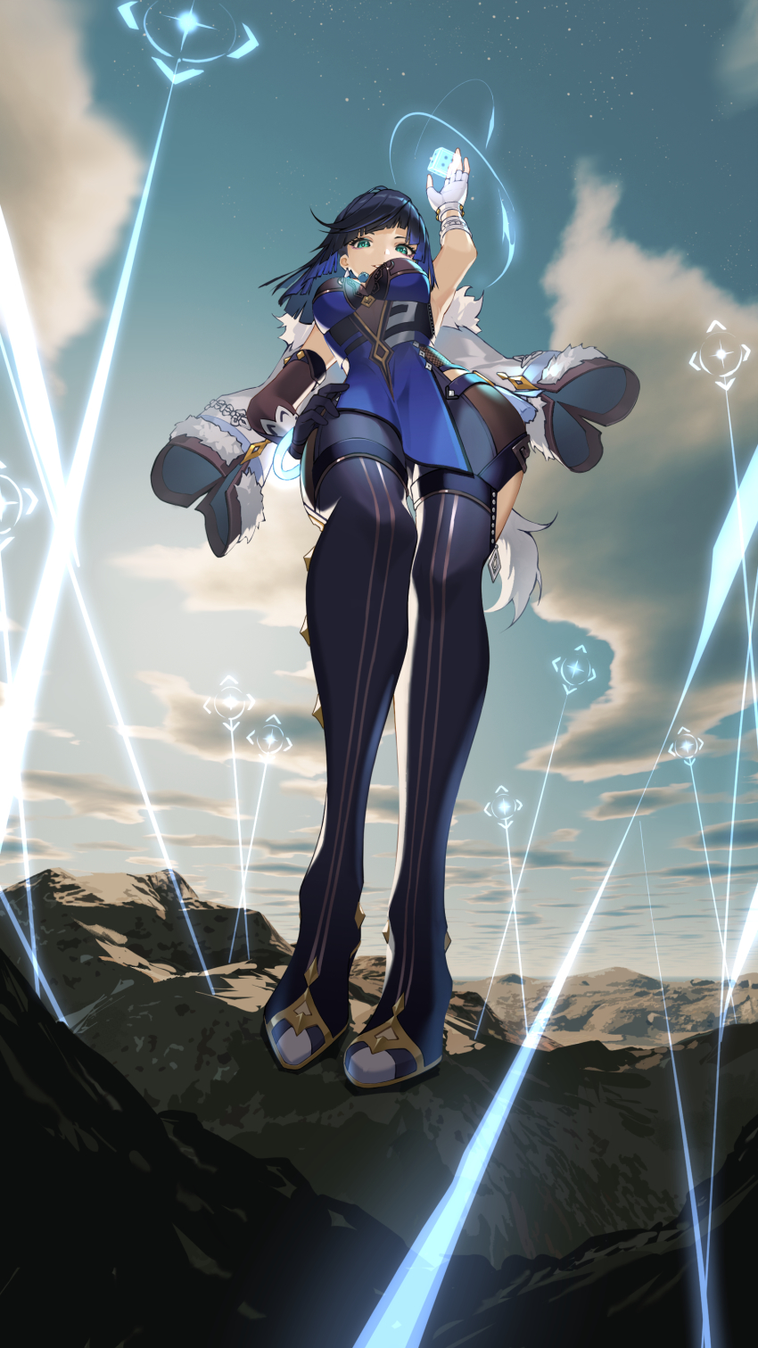 1girl, absurdres, arm_up, armpits, asymmetrical_gloves, bare_shoulders, beam, blue_dress