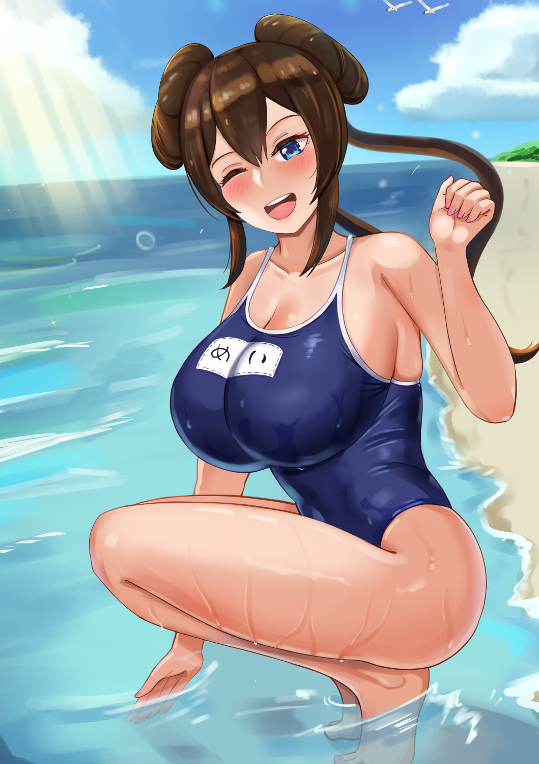 1girl, alternate_breast_size_(larger), alternate_costume, bare_legs, bare_shoulders, barefoot, beach, blue_eyes, blue_one-piece_swimsuit, blush, breasts, brown_hair, cleavage, collarbone, double_bun, from_side, hair_between_eyes, hair_bun, head_tilt, highleg, highleg_one-piece_swimsuit, highres, huge_breasts, impossible_clothes, impossible_swimsuit, large_breasts, long_hair, looking_at_viewer, nail_polish, nintendo, one-piece_swimsuit, one_eye_closed, open_mouth, pink_nails, pleia_desu, pokemon, pokemon_black_2_and_white_2, rosa_(pokemon), school_swimsuit, sidelocks, sky, smile, solo, squatting, sunlight, swimsuit, thighs, wading, water, wet