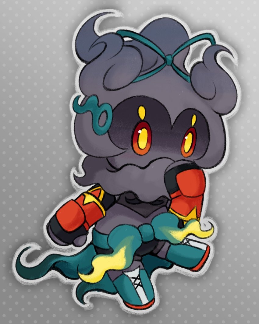 black_skin, colored_skin, cosplay, fingerless_gloves, full_body, gen_7_pokemon, gloves, grey_background