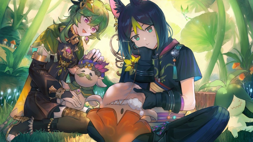 1boy, 1girl, :t, animal_ear_fluff, animal_ears, aranara_(genshin_impact), black_gloves, black_hair