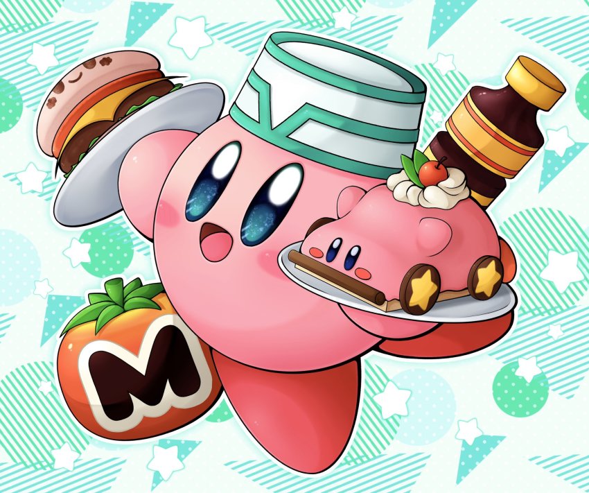 blush_stickers, bottle, burger, cake, car-mouth_cake, cherry, colored_skin, food, fruit, full_body, hat, highres, holding, holding_plate, kirby, kirby_(series), kirby_and_the_forgotten_land, kirby_burger, looking_at_viewer, maxim_tomato, nintendo, no_humans, open_mouth, pink_skin, plate, slys_(jesterdysphoria), smile, solo, star_(symbol), tongue