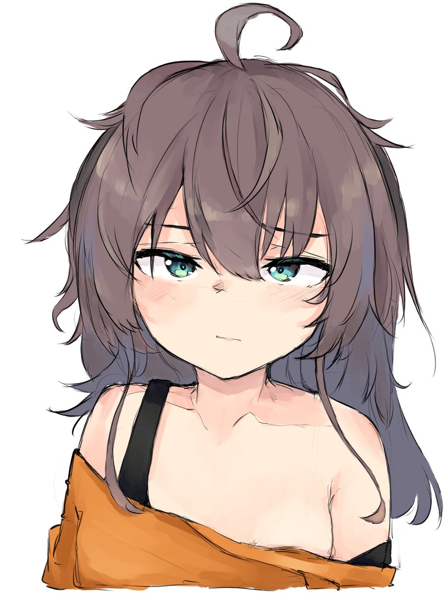 1girl, ahoge, brown_hair, highres, hololive, messy_hair, natsuiro_matsuri, off_shoulder