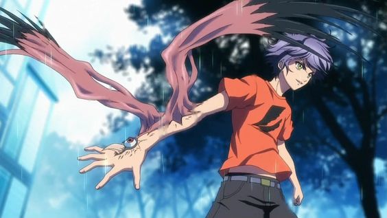 1boy, blurry, blurry_background, green_eyes, hakkenden:_touhou_hakken_ibun, inuzuka_shino_(hakkenden), mutation, purple_hair, short_hair, smile