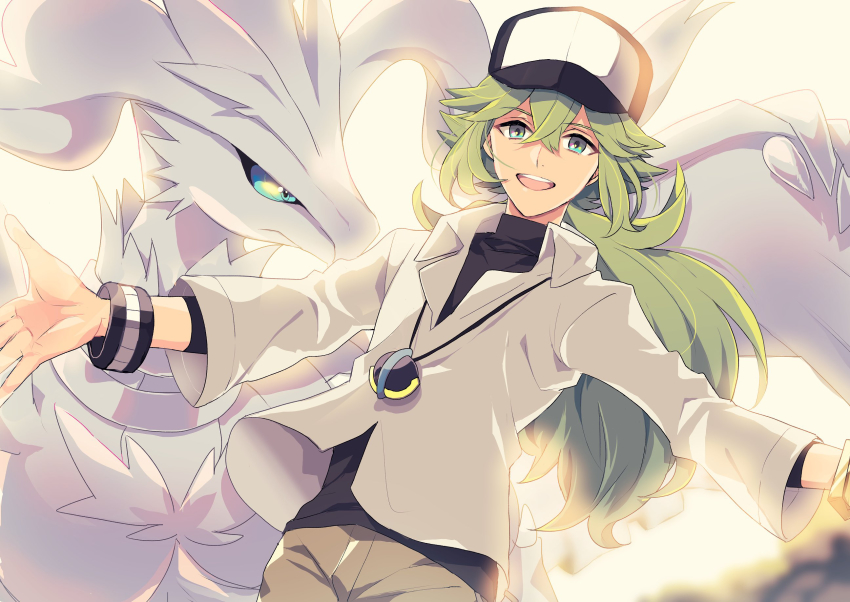 1boy, blue_eyes, bracelet, collared_shirt, gen_5_pokemon, green_eyes, hair_between_eyes, hat