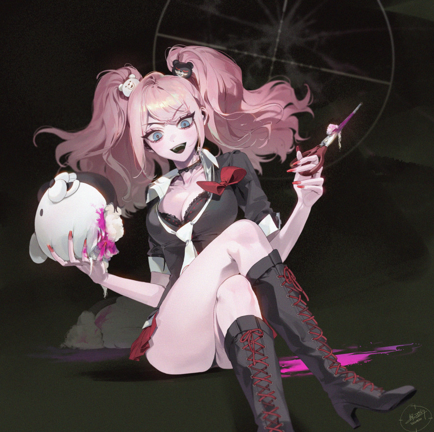 1girl, :d, absurdres, baekryang, bear_hair_ornament, black_boots, black_panties, blonde_hair