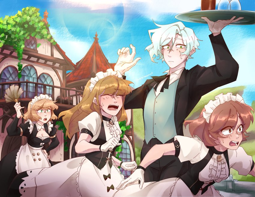 1boy, 3girls, absurdres, adelinde_(genshin_impact), apron, blonde_hair, breasts, brown_hair