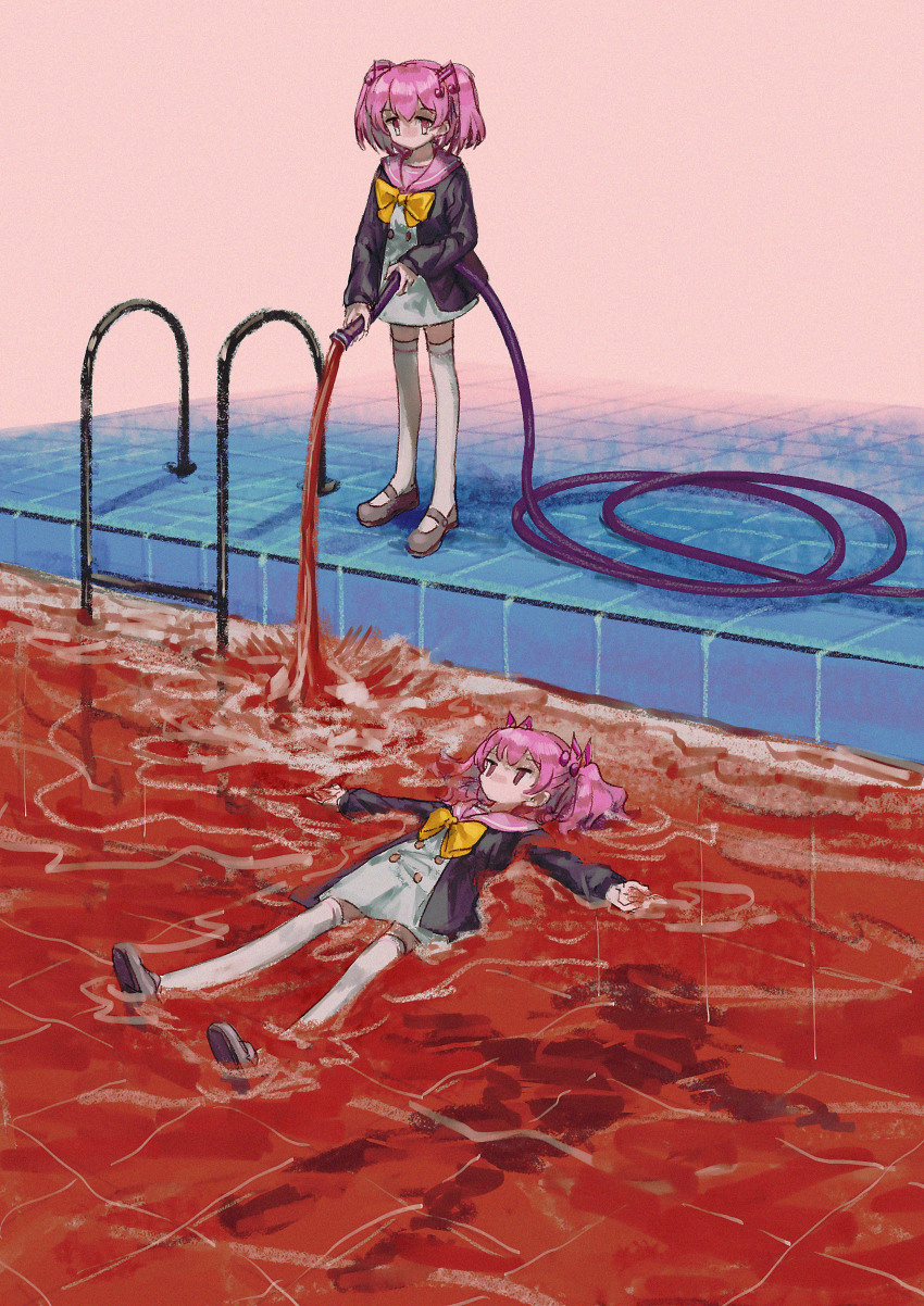 2girls, absurdres, blood, cardigan, danganronpa_another, floating, fortissimo, fox_(770205490)