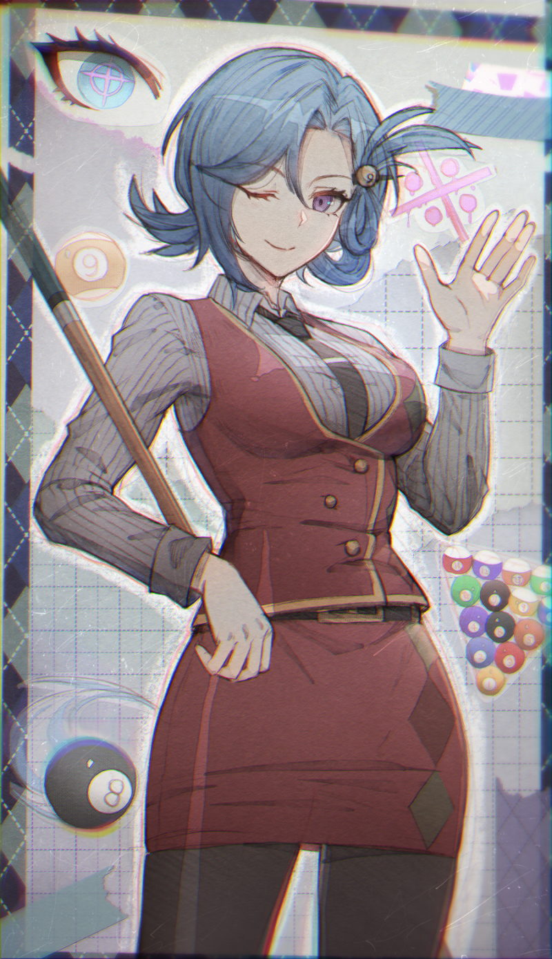 1girl, ball, billiard_ball, billiards, blue_hair, chiebukuro_setsuka, cue_stick, danganronpa_(series), danganronpa_another, folded_ponytail, highres, light_blue_hair, necktie, one_eye_closed, peruru, purple_eyes, red_vest, shirt, short_hair, skirt, smile, solo, striped_clothes, striped_shirt, super_danganronpa_another_2, vertical-striped_clothes, vertical-striped_shirt, vest