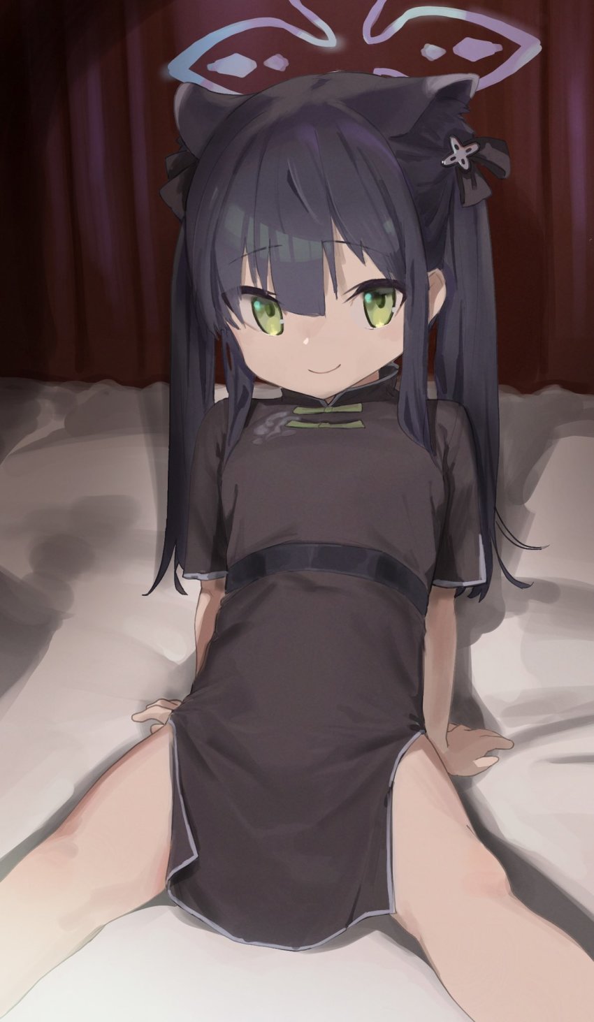 1girl, animal_ears, arm_support, belt, black_dress, black_hair, blue_archive, china_dress, chinese_clothes, closed_mouth, dress, green_eyes, had_(had314), hair_ribbon, halo, highres, loli, long_hair, looking_at_viewer, pelvic_curtain, ribbon, short_sleeves, shun_(blue_archive), shun_(small)_(blue_archive), sitting, smile, solo, tiger_ears