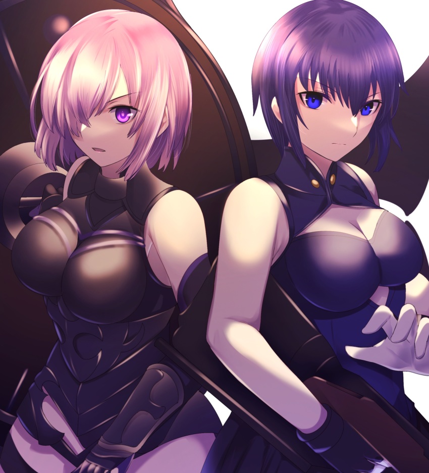 2girls, absurdres, armor, armored_dress, bare_shoulders, black_dress, blue_eyes, breasts