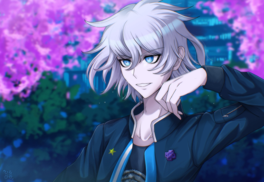 1boy, absurdres, badge, blue_eyes, blurry, blurry_background, button_badge, cherry_blossoms