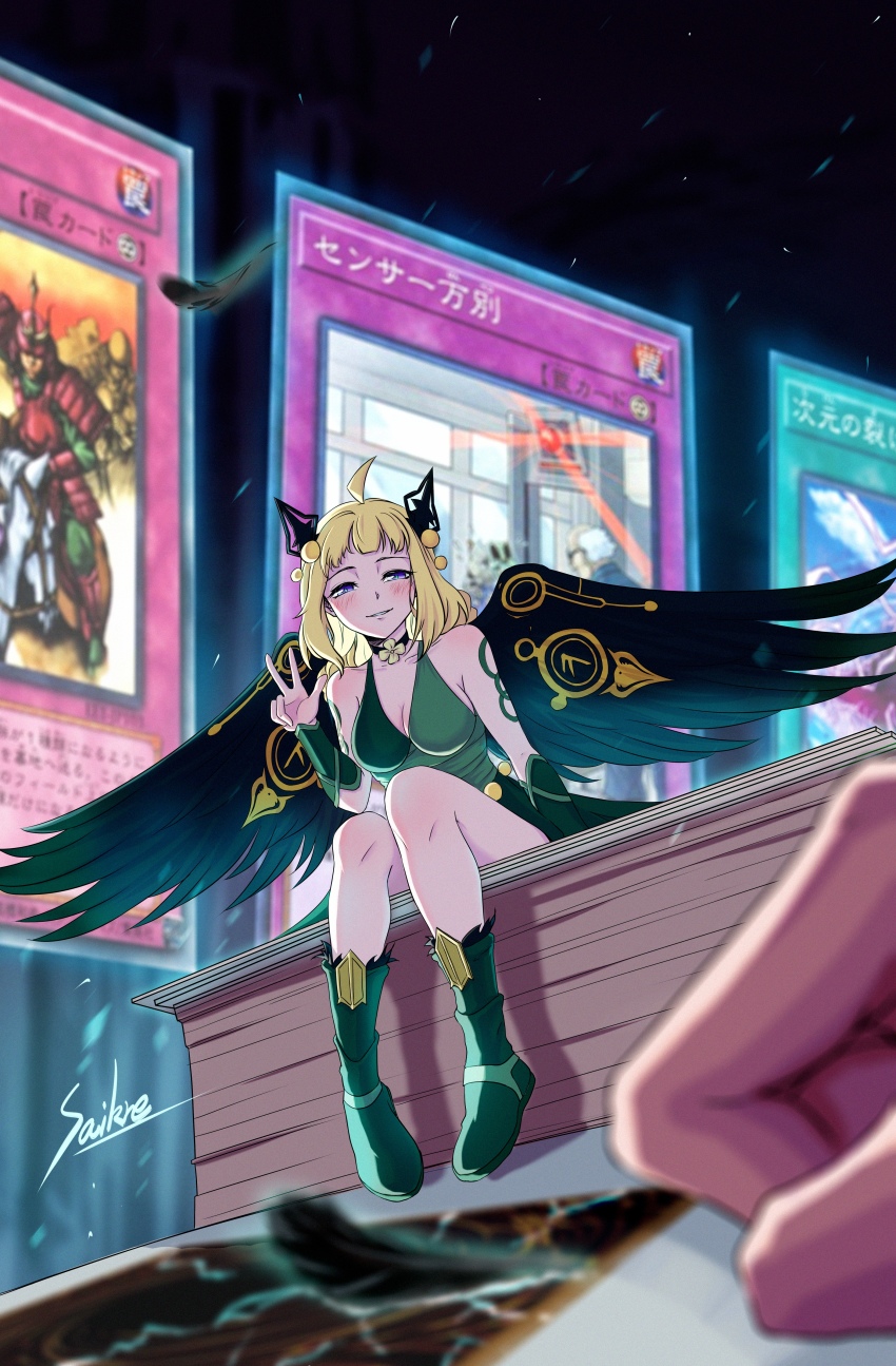 1girl, 1other, absurdres, ahoge, alternate_breast_size_(larger), arm_tattoo, bare_shoulders, blonde_hair