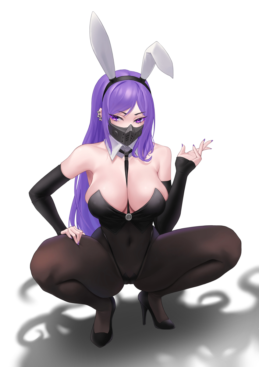 1girl, absurdres, animal_ears, bare_shoulders, between_breasts, black_footwear, black_leotard, black_panties