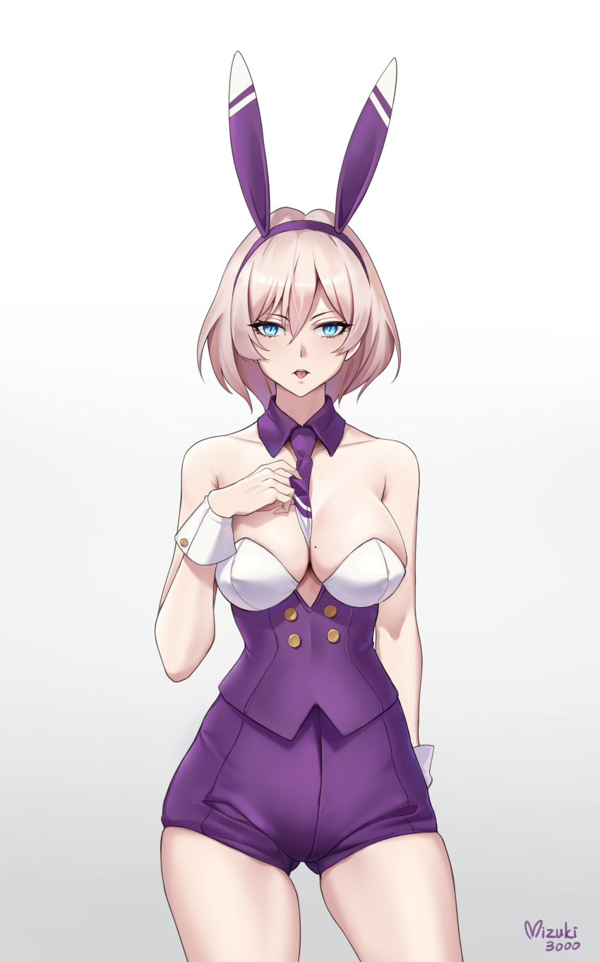 1girl, absurdres, animal_ears, arm_behind_back, bare_arms, bare_shoulders, between_breasts, blue_eyes