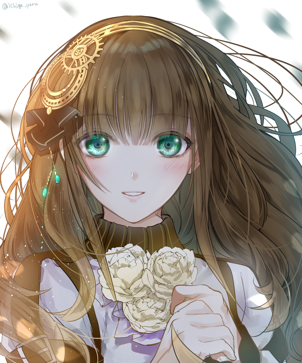 1girl, ascot, blunt_bangs, brown_hair, cardia_beckford, code:realize, gear_hair_ornament, gears, green_eyes, hair_ornament, hair_ribbon, highres, ichige_yoru, long_hair, looking_at_viewer, open_mouth, own_hands_together, ribbon, simple_background, smile, solo, very_long_hair, white_ascot, white_background