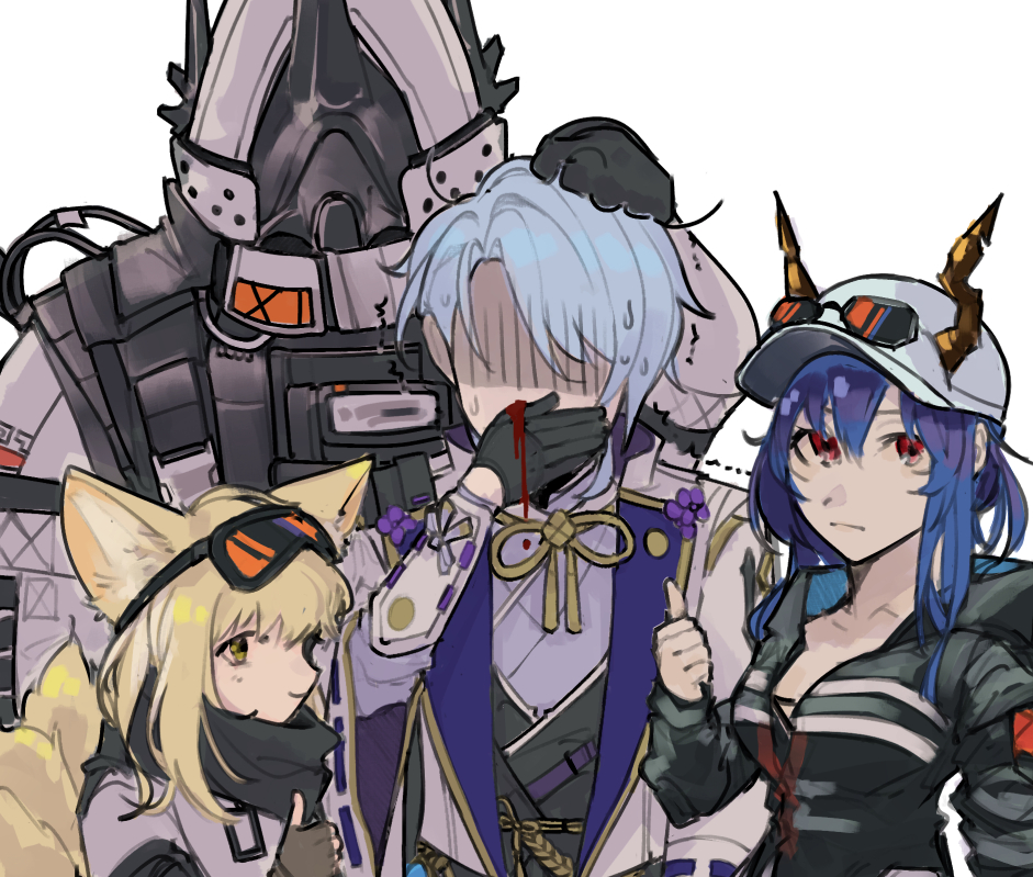 0229hajime, 1boy, 3girls, animal_ears, arknights, armor, baseball_cap, black_jacket, black_scarf, blonde_hair, blood, breasts, ch'en_(arknights), ch'en_the_holungday_(arknights), cleavage, dragon_horns, fox_ears, fox_tail, genshin_impact, hat, horns, horns_through_headwear, jacket, kamisato_ayato, long_hair, long_sleeves, mudrock_(arknights), multiple_girls, scared, scarf, sunglasses, suzuran_(arknights), suzuran_(lostlands_flowering)_(arknights), tail, thumbs_up, white_background, white_headwear, white_jacket