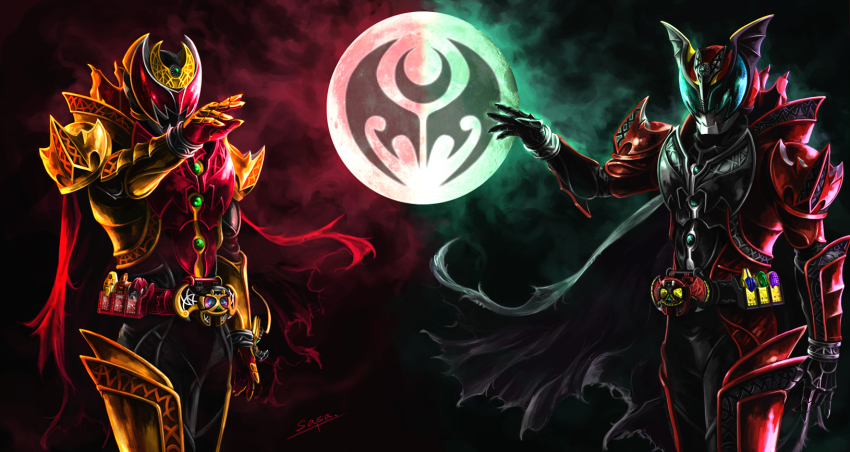 2boys, armor, cape, dead_pepper, gold_armor, highres, kamen_rider, kamen_rider_dark_kiva