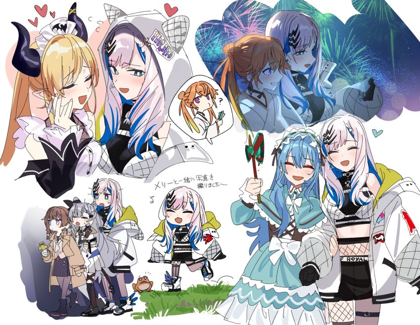 6+girls, ?, anya_melfissa, axe, belt, betting_ticket, black_shorts, blonde_hair, blood, bloody_weapon, blue_dress, blue_eyes, blue_hair, blush, boots, braid, brown_hair, brown_jacket, cellphone, choker, closed_eyes, dress, earrings, fireworks, fishnets, frog, hair_ornament, hand_on_own_face, heart, highres, holding, holding_phone, holding_weapon, hololive, hololive_english, hololive_indonesia, hood, hoodie, horns, hoshimachi_suisei, jacket, japanese_clothes, japanese_text, jewelry, kimono, long_hair, maid, maid_headdress, medium_hair, multicolored_hair, multiple_girls, musical_note, necktie, night, official_alternate_costume, orange_hair, pavolia_reine, pendant, phone, pointy_ears, ponytail, purple_eyes, purple_hair, purple_skirt, ribbon, shoes, shorts, silver_hair, skirt, sky, smile, sneakers, streaked_hair, takanashi_kiara, twintails, vestia_zeta, virtual_youtuber, weapon, white_jacket, white_kimono, yomosaka, yuzuki_choco