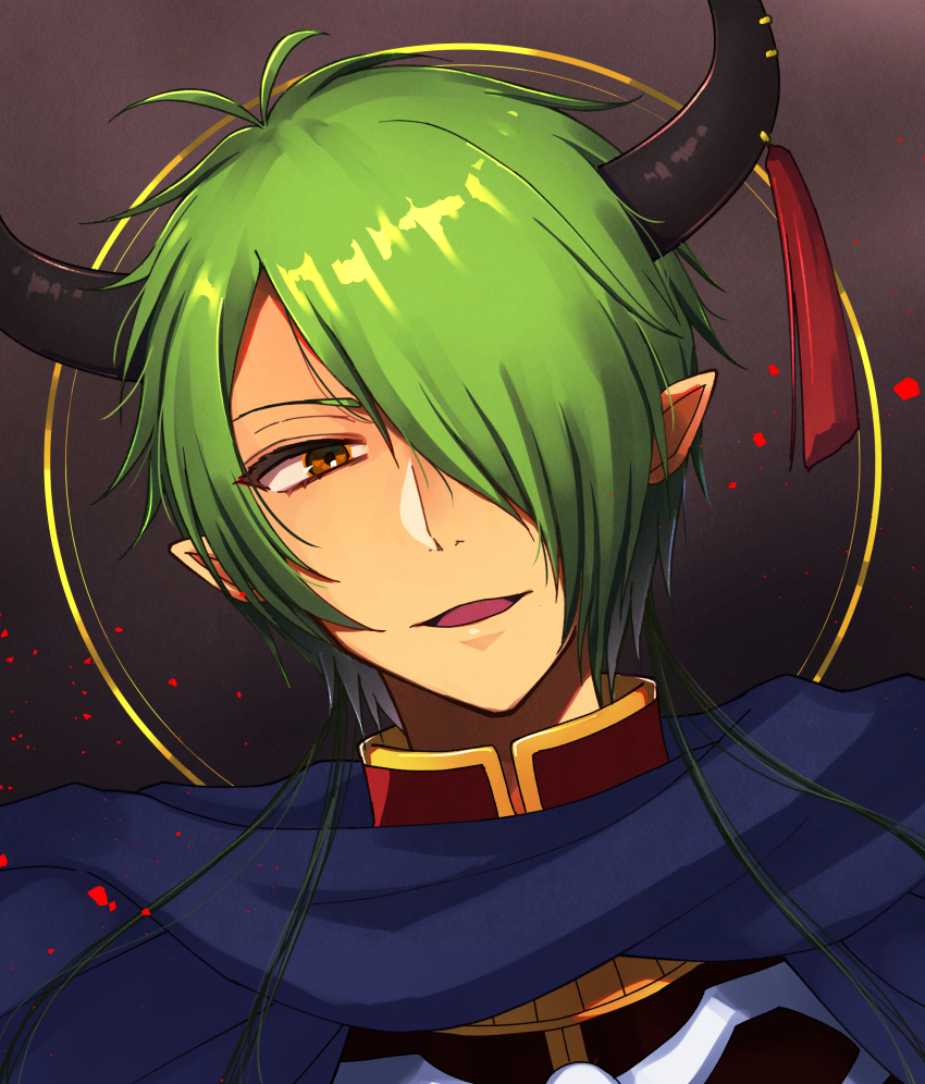 1boy, :d, absurdres, black_horns, brown_background, brown_eyes, cape, demon_horns