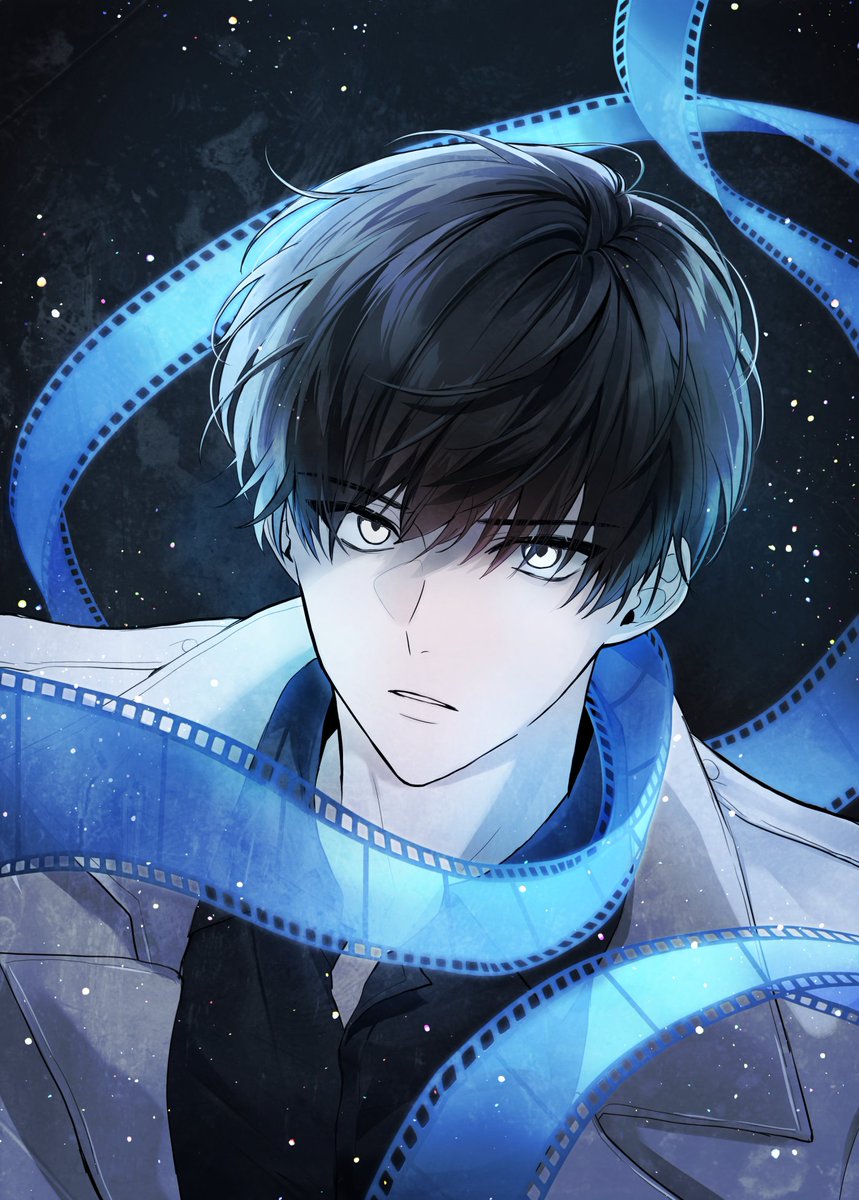 1boy, black_background, black_hair, black_shirt, collared_shirt, dark_background, film_strip, highres