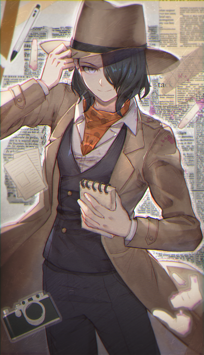 1boy, black_hair, black_pants, black_vest, brown_coat, brown_hat, camera, closed_mouth
