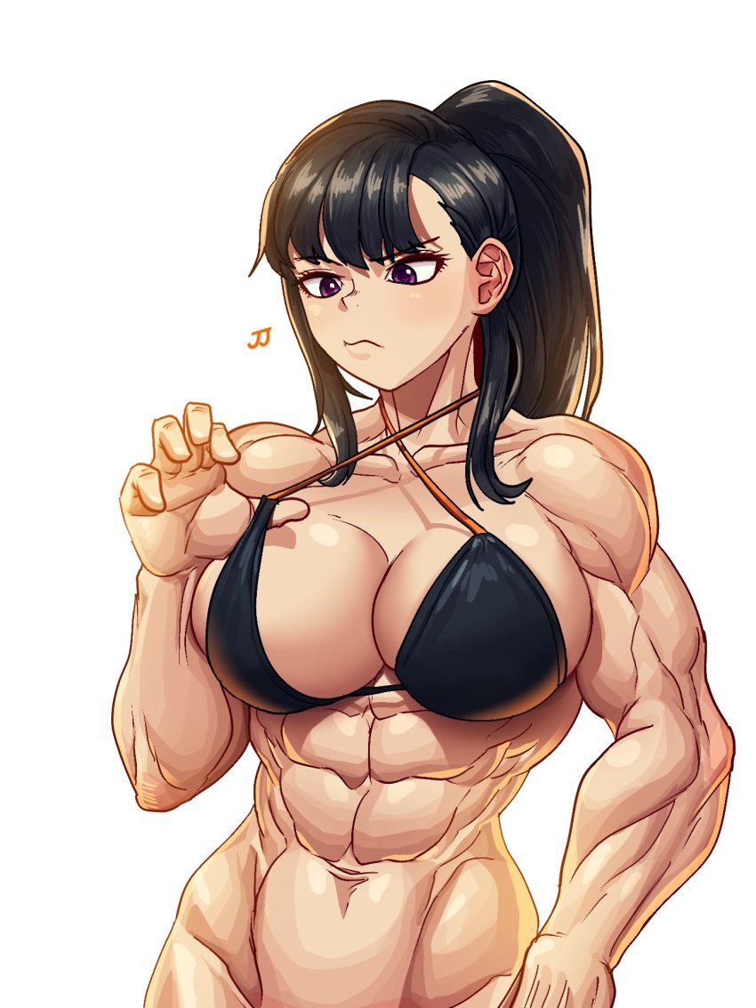 1girl, abs, bikini, black_hair, breasts, cleavage, en'en_no_shouboutai, frown, highres, large_breasts, long_bangs, maki_oze, muscular, muscular_female, ponytail, purple_eyes, solo, sparkeyjinjin, swimsuit