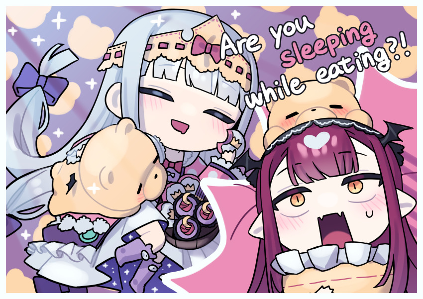 2girls, :o, aurora_sya_lis_kaymin, blunt_bangs, blush, bow, brown_hair, chibi