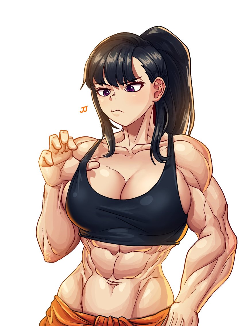 1girl, abs, black_hair, breasts, cleavage, en'en_no_shouboutai, frown, highres
