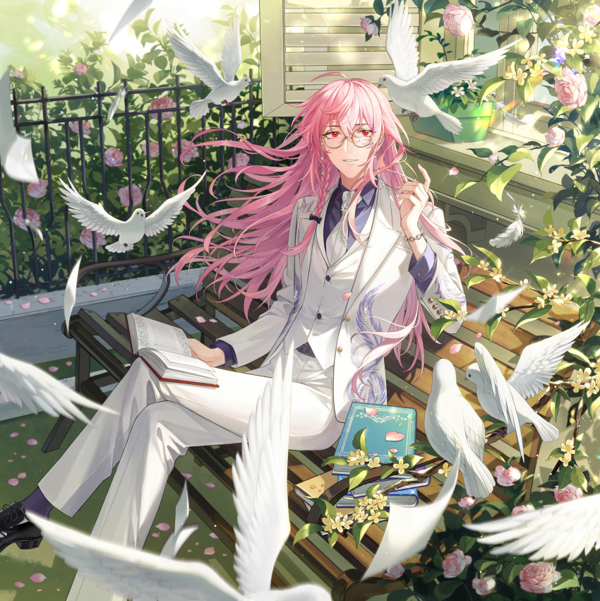 1boy, absurdres, ahoge, bench, bird, black_bow, black_shirt, black_shoes, book, book_stack, bow, bracelet, braid, branch, bush, buttons, chenfeng, chinese_commentary, collared_shirt, commentary_request, crossed_bangs, crossed_legs, dove, dream_mansion, dress_shirt, eyewear_strap, feathers, fence, floating_hair, flower, formal_clothes, glasses, hair_between_eyes, hair_bow, hand_up, highres, jacket, jewelry, kongzao, lapels, long_hair, long_sleeves, looking_at_viewer, male_focus, open_book, open_clothes, open_jacket, outdoors, pants, parted_lips, petals, pink_eyes, pink_flower, pink_hair, pink_rose, rose, round_eyewear, shirt, shoes, side_braid, sidelocks, single_braid, sitting, smile, solo, vest, white_jacket, white_pants, white_vest, window, windowsill, wing_collar